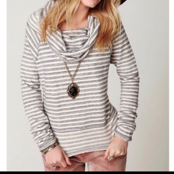 Free People Striped Slouchy Mock Cowl Neck Cozy Raw Hem Boho Sweatshirt - Picture 1 of 9